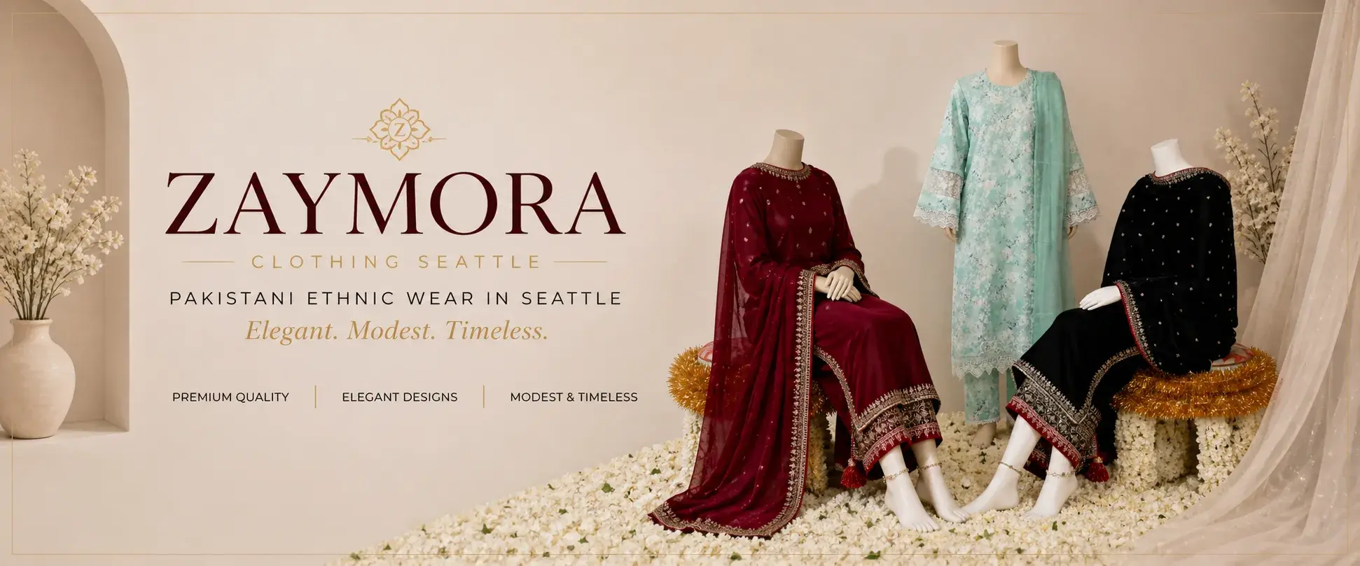 Three featured dresses on mannequins from the Zaymora Seattle collection